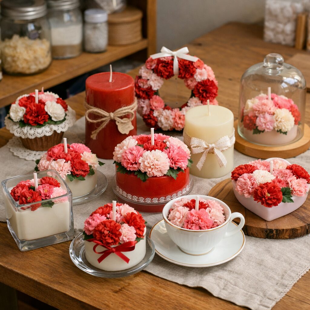 여러 종류의 카네이션 캔들 클래스 완성품 세트가 테이블 위에 놓여 있는 모습