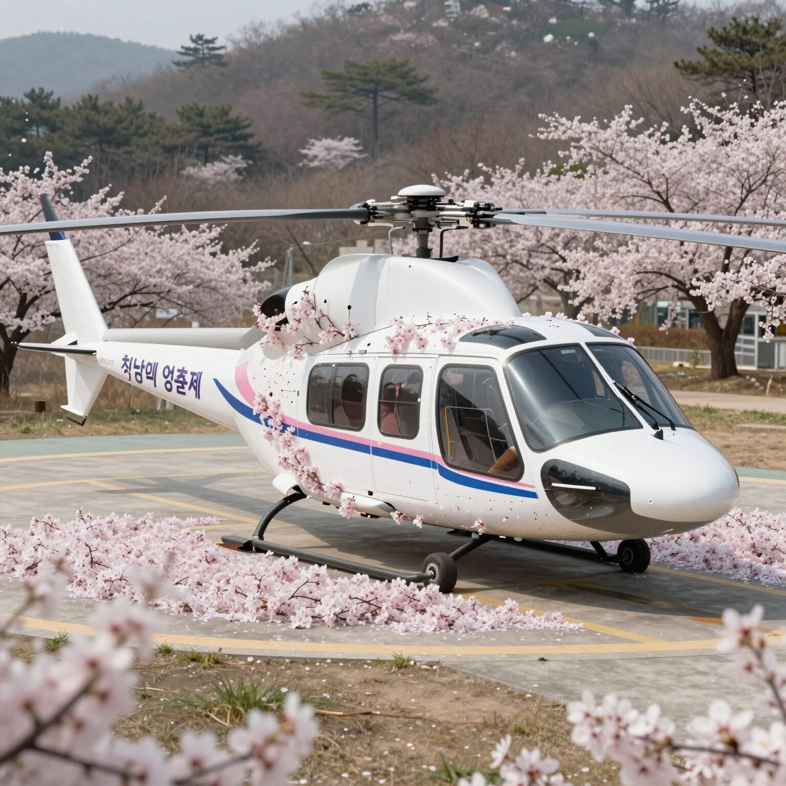 청남대 영춘제 헬기장 부스와 봄꽃 장식 풍경