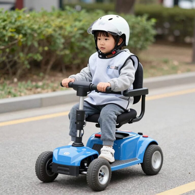 어린이가 보호 장구를 착용하고 전동휠을 타는 모습