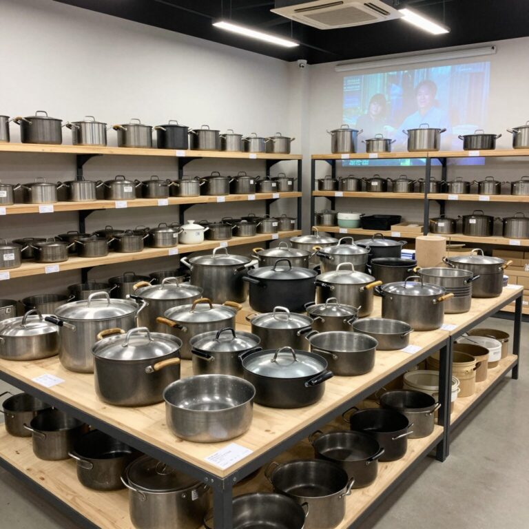 쿡에버 물류센터 창고개방 행사장 내부 모습, 스테인리스 냄비와 주방용품이 가득 진열되어 있음