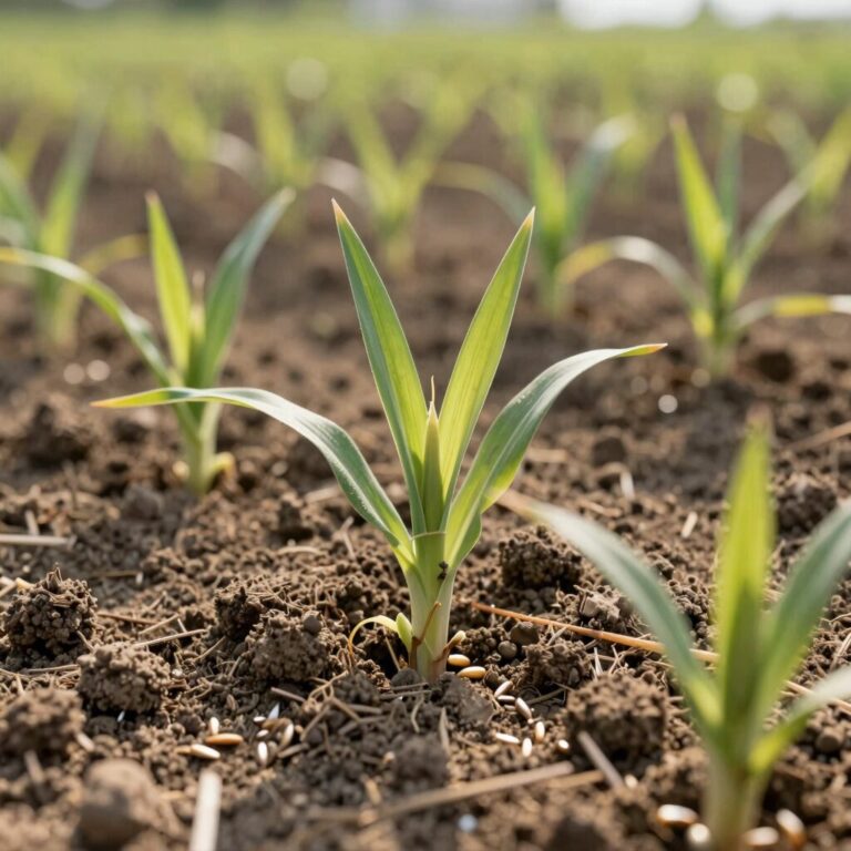 텃밭에서 자라는 옥수수 모종과 흙 위에 심어진 씨앗들이 햇빛을 받고 있는 모습