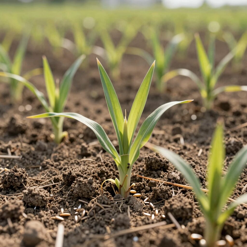 텃밭에서 자라는 옥수수 모종과 흙 위에 심어진 씨앗들이 햇빛을 받고 있는 모습