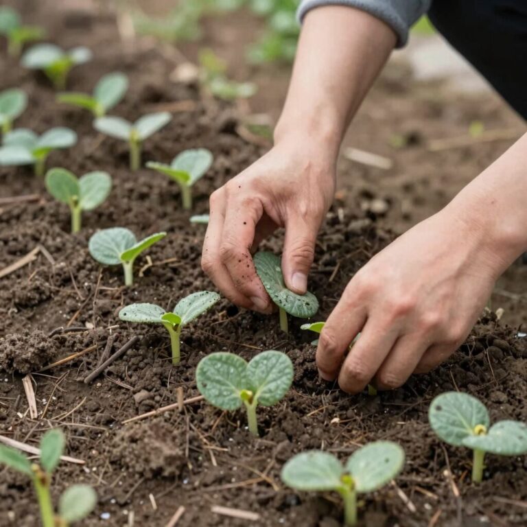 건강한 오이 모종을 텃밭 두둑에 적절한 간격을 두고 심는 모습