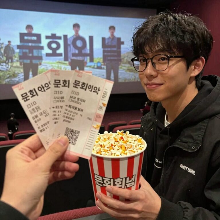 문화의 날 할인으로 구매한 영화 티켓과 팝콘을 손에 들고 있는 모습