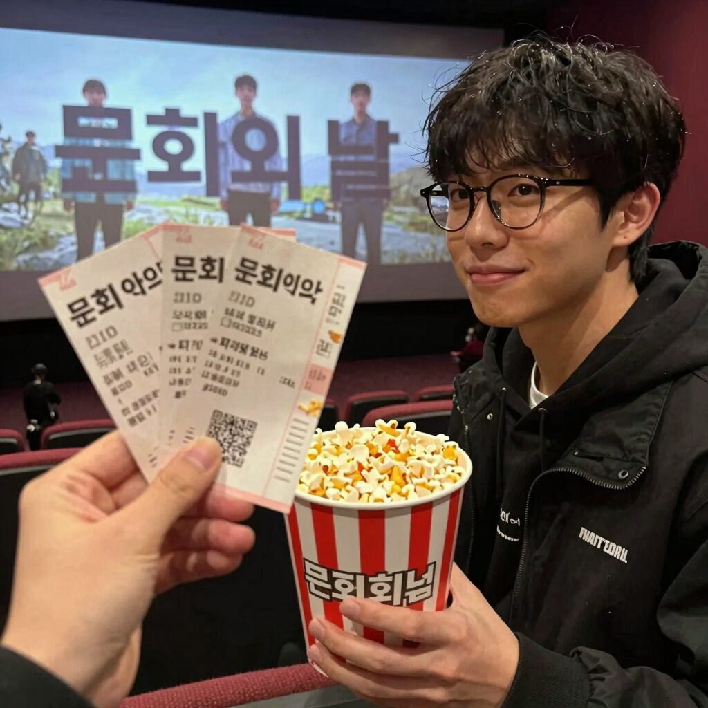 문화의 날 영화 할인 티켓과 팝콘을 들고 있는 손