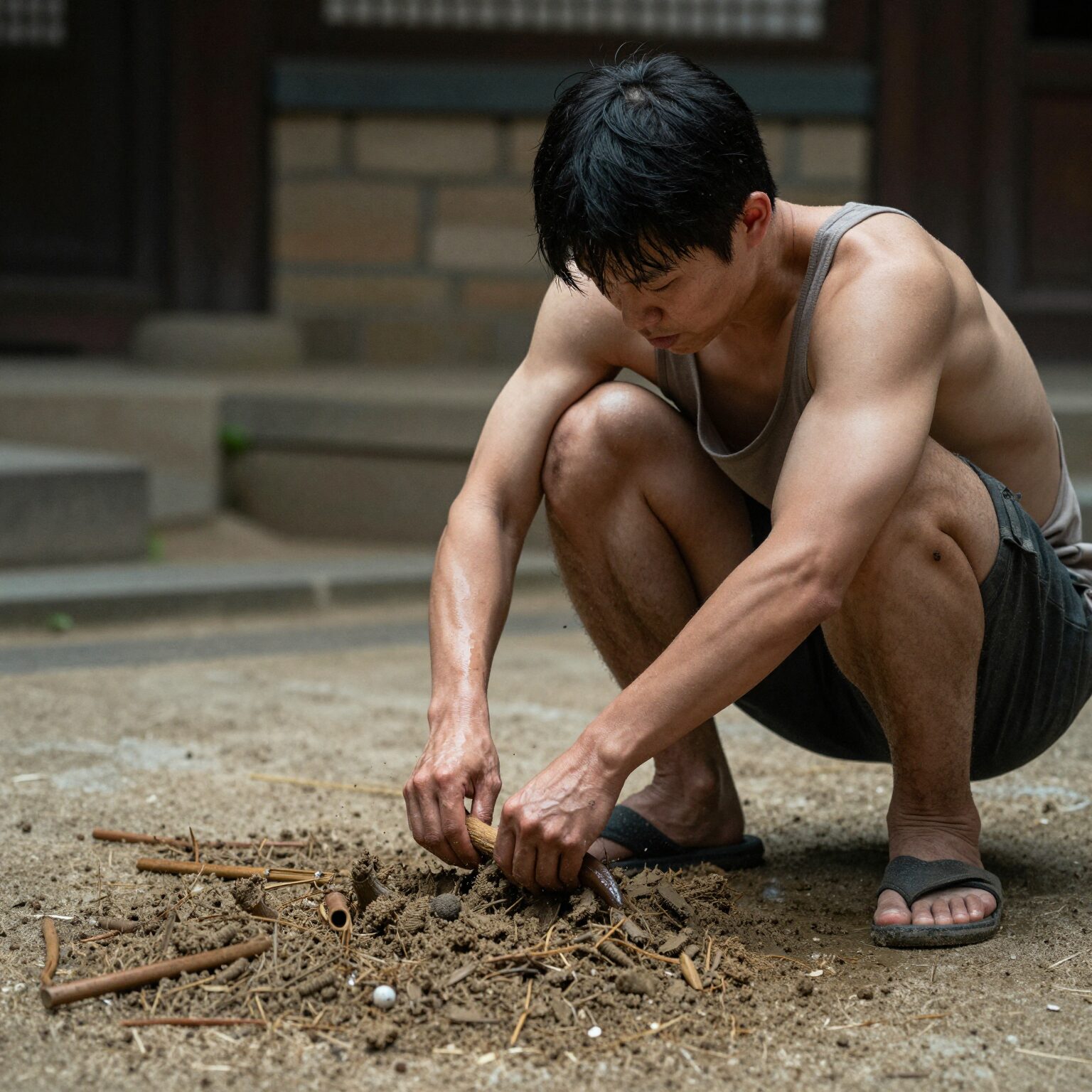 데친 두릅을 체에 받쳐 물기를 빼는 모습