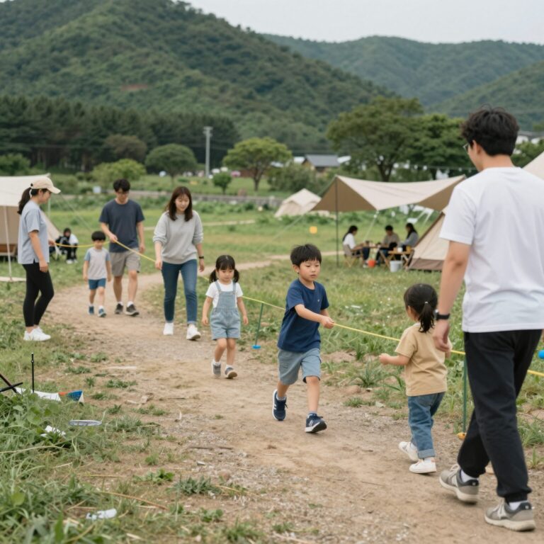 가족이 함께 파주 캠핑장에서 미니운동회 줄다리기를 즐기는 모습