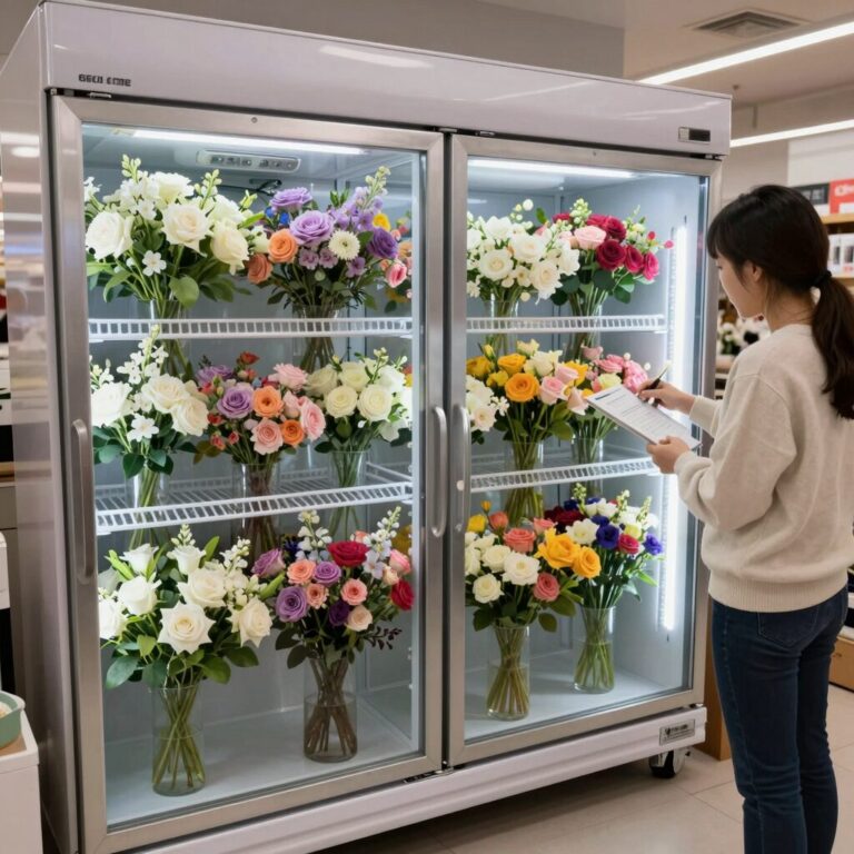 꽃 냉장고와 다양한 생화가 진열된 강동구청꽃집 꼬띠아모 내부 모습