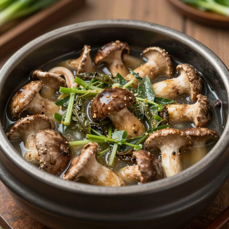 시흥 물왕저수지 가나안덕의 능이버섯 오리백숙이 담긴 냄비 사진, 야채와 고기가 푸짐하다