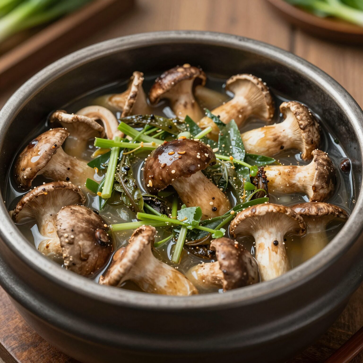 시흥 물왕저수지 가나안덕의 능이버섯 오리백숙이 담긴 냄비 사진, 야채와 고기가 푸짐하다