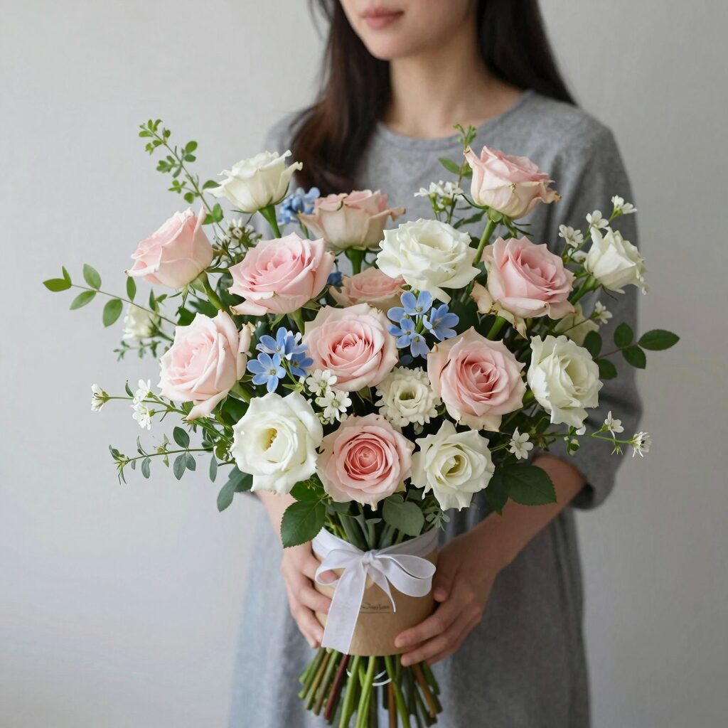 광주에서 주문한 생화 꽃바구니로 장미와 안개꽃이 어우러진 모습