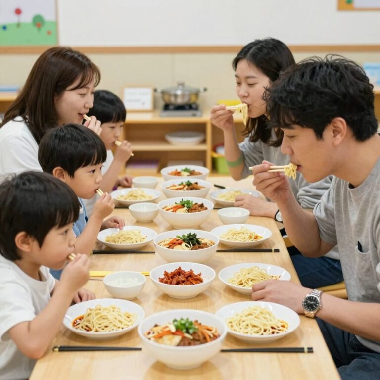 어린이집 행사에서 아이들과 부모가 함께 짜장면을 먹으며 웃고 있는 모습