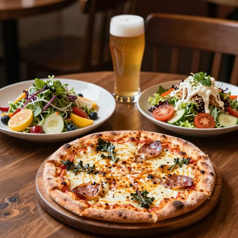 경산 반곡지 피자팜비어 세 가지 맛 피자와 샐러드 파스타가 담긴 테이블 사진