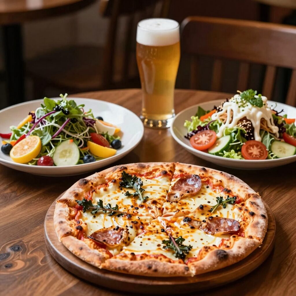 경산 반곡지 피자팜비어 세 가지 맛 피자와 샐러드 파스타가 담긴 테이블 사진