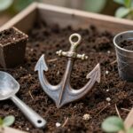 토분에 분갈이된 앵초 화분과 분갈이 도구