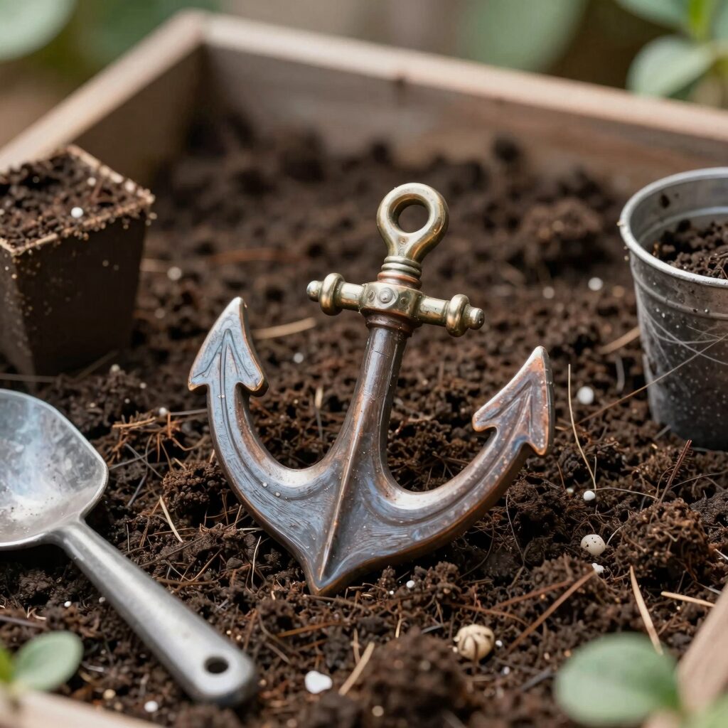 토분에 분갈이된 앵초 화분과 분갈이 도구
