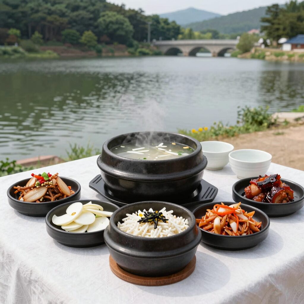 시흥 물왕저수지 산현농장의 상황능이오리백숙과 마늘오리주물럭, 반찬이 함께 차려진 테이블 풍경