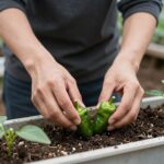 양손 모종 이식기로 고추 모종을 심는 모습