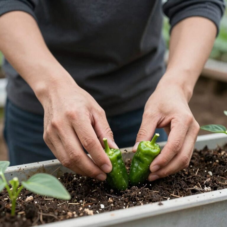 양손 모종 이식기로 고추 모종을 심는 모습