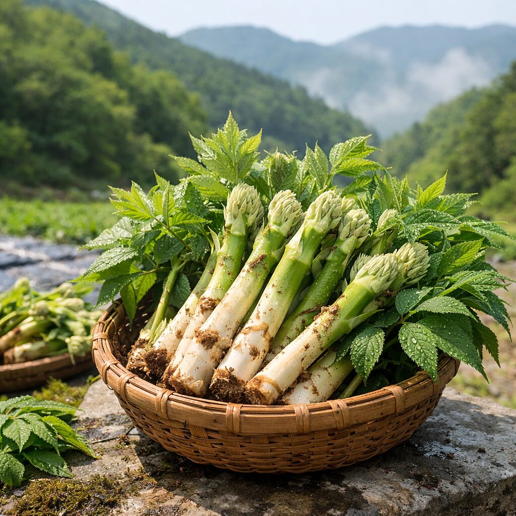 강원도 청정 환경에서 재배된 눈꽃 땅두릅 줄기와 잎의 신선한 모습