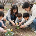 봄 가정통신문 작성법과 효과적인 활용 방안 봄 꽃 관찰 활동을 하는 유아와 교사, 자연물을 이용한 놀이