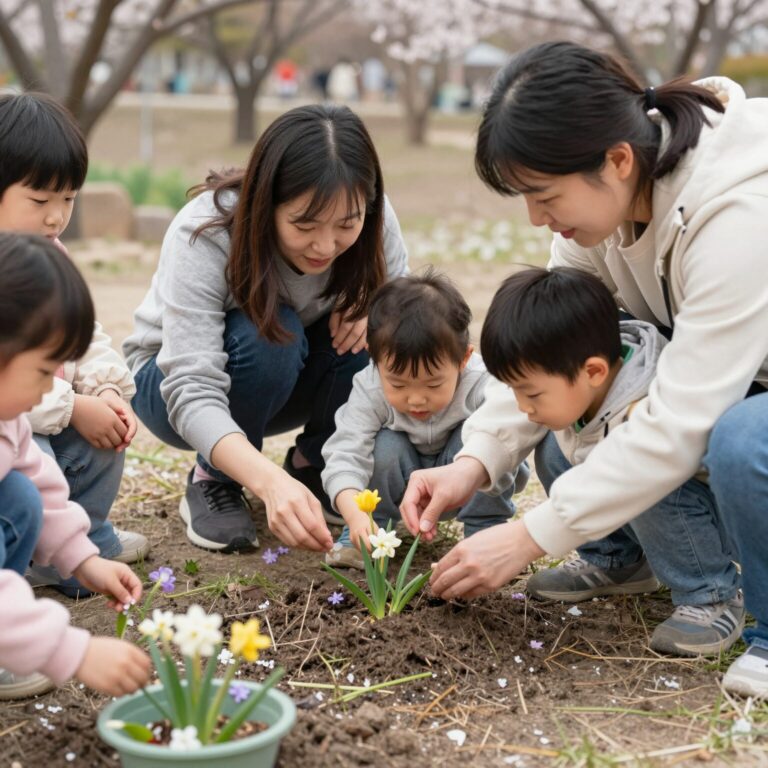봄 꽃 관찰 활동을 하는 유아와 교사, 자연물을 이용한 놀이