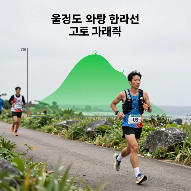 울릉도 마라톤 하프코스 고도 그래프, 급격한 오르막을 보여줌