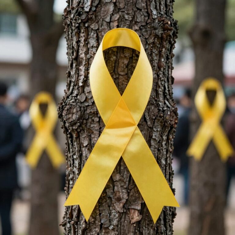 세월호 참사 추모를 상징하는 노란 리본이 나무에 매달려 있는 모습