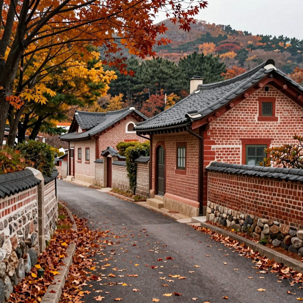 프랑스 북부 시골 마을의 가을 오후, 낙엽이 쌓인 길과 붉은 벽돌집 풍경