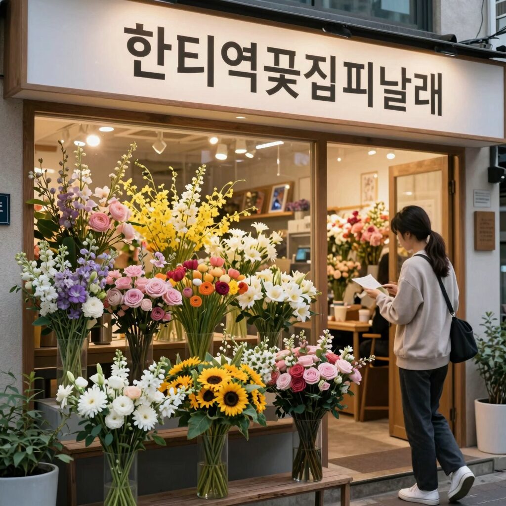 한티역꽃집 꽃피날레 매장 전경과 꽃다발 진열 모습
