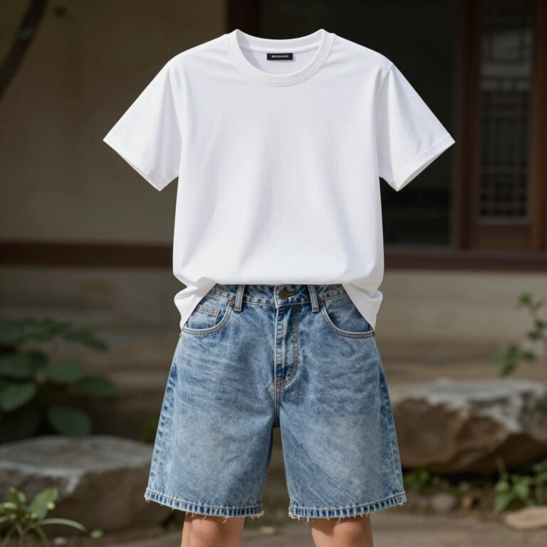 5부바지 코디 예시, 흰 티셔츠와 와이드 5부바지 매치