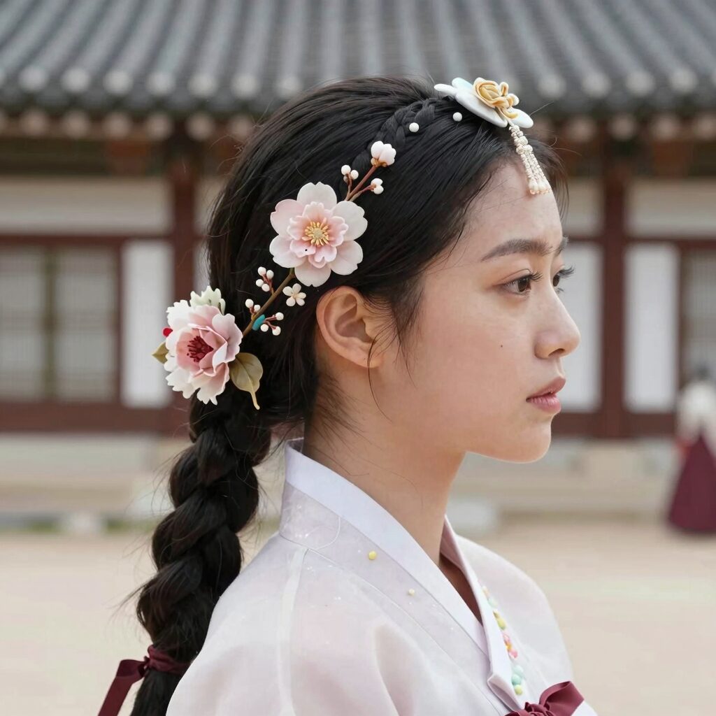 생화 화관 만들기 과정에서 머리에 씌운 완성된 화관 사진