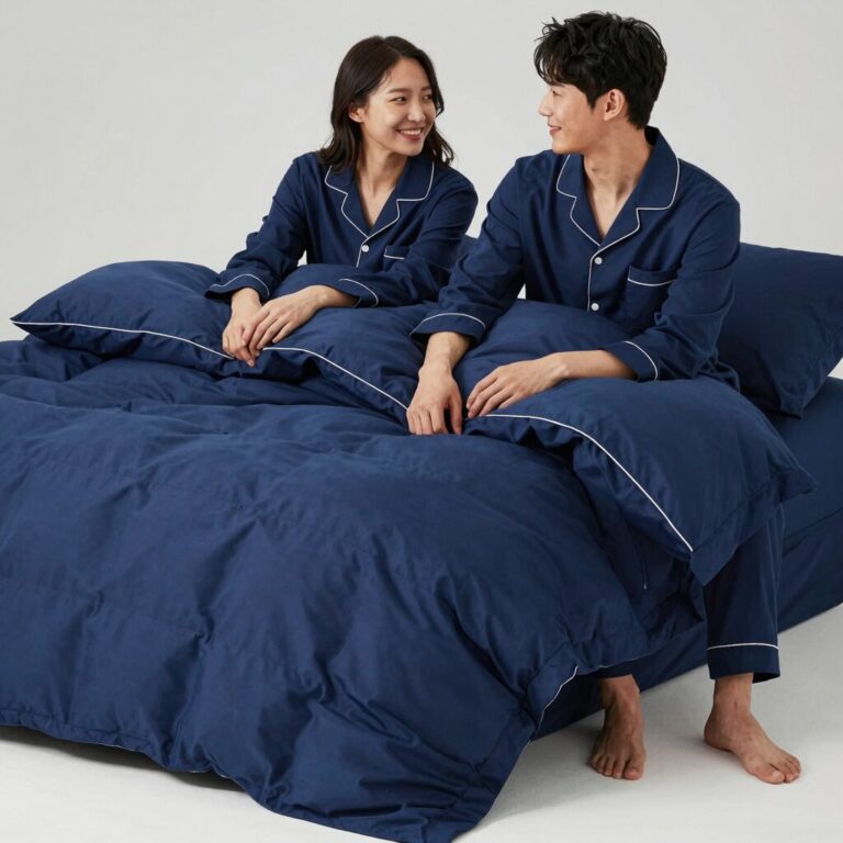 자주 시어서커 커플 잠옷 다크블루 색상 실물 사진