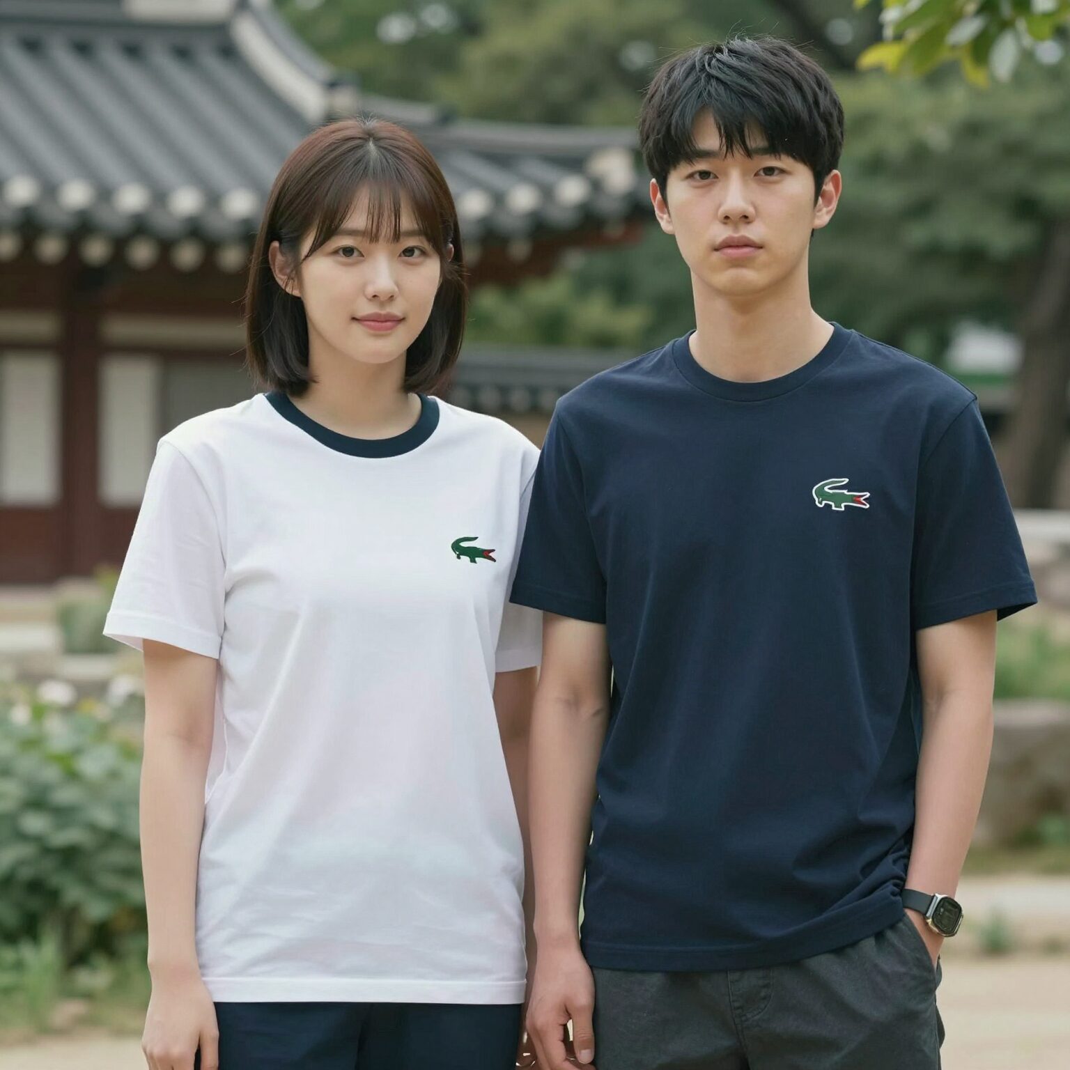 라코스테 남녀 로고 반팔 링거 티셔츠를 입은 커플의 모습