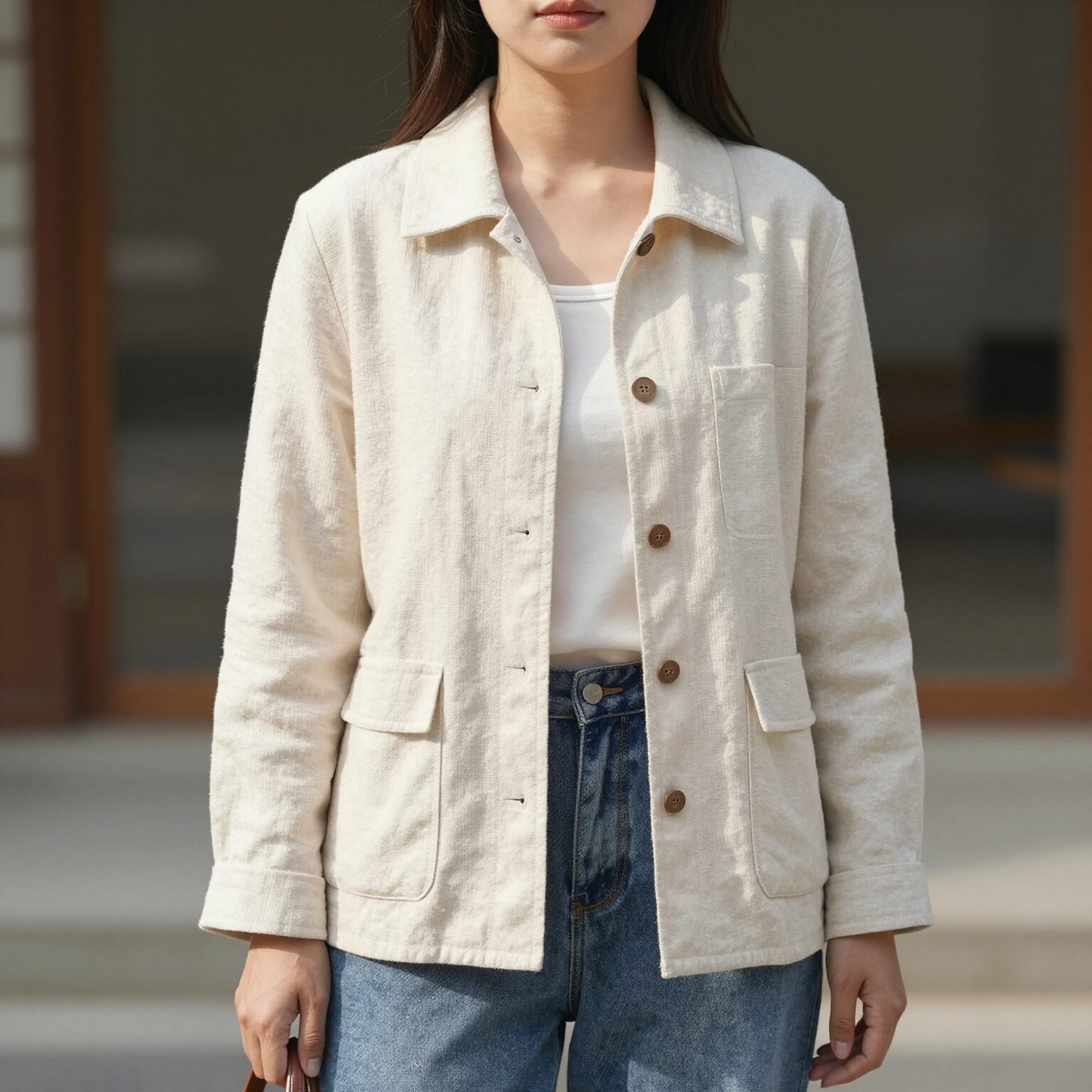 여성용 리넨 자켓을 크림 컬러로 착용한 모습, 청바지와 매치하여 캐주얼하면서도 세련된 느낌