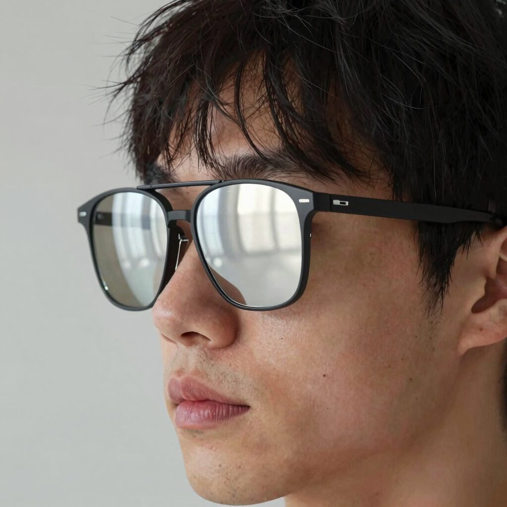 완전미러 도수 선글라스 착용 모습 측면에서 반사되는 실버 미러 코팅이 선명함
