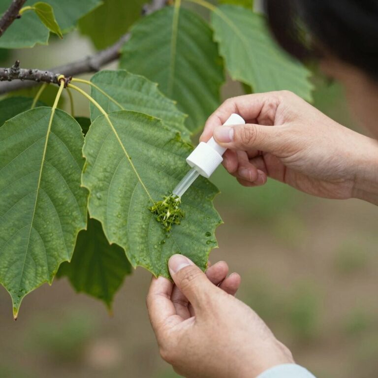 감나무에 약제를 뿌리는 모습으로, 잎 앞뒤면을 골고루 살포하는 방법을 보여준다