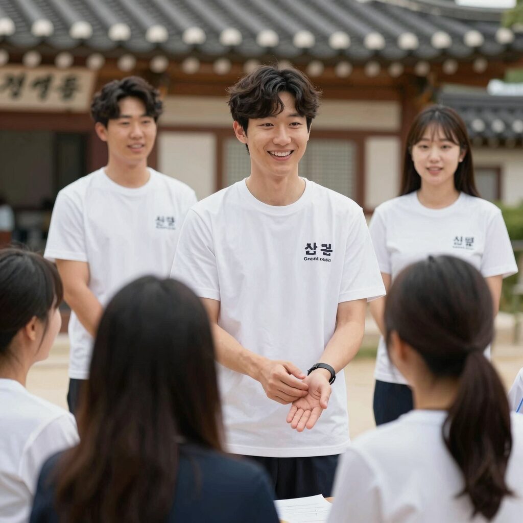 행사 스태프 티셔츠를 입은 운영진이 손님을 안내하고 있다
