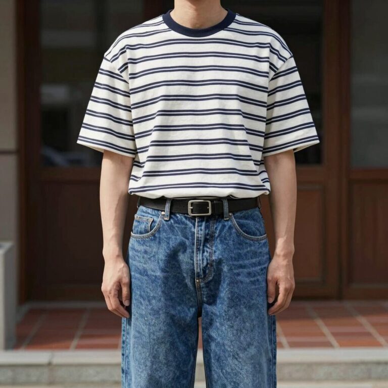 스트라이프 반팔티를 와이드 데님 팬츠와 매치한 데일리룩