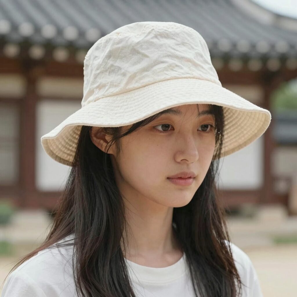 여름 벙거지모자를 착용한 여성의 모습으로 통기성 좋은 소재와 넉넉한 챙이 강조된 이미지